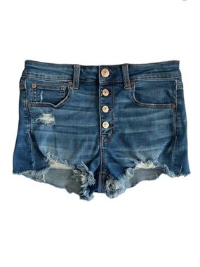 AMERICAN EAGLE Hi-Rise Shortie Button Fly Cut Off Distressed Denim Shorts